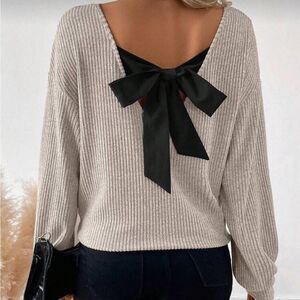 Beige Sweater with Black Bow Detail